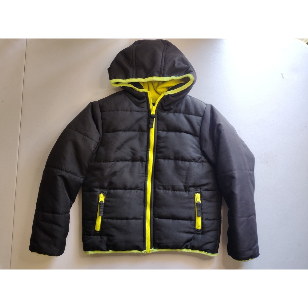Roebuck & Co. Kids Puffer Jacket Hooded Black Neon Yellow‎ Winter Coat M/M 5/6